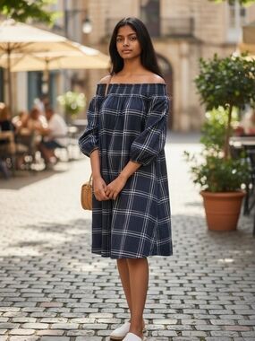 Abercrombie & Fitch Navy Plaid Off-Shoulder Dress